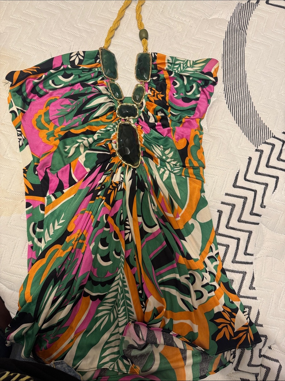 Tropical Print Strapless Dress with Jewel Neckline